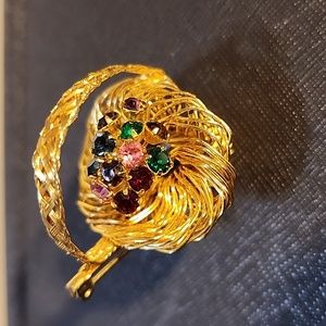 Gold Tone Rhinestone Wire Work Flower Basket Brooch